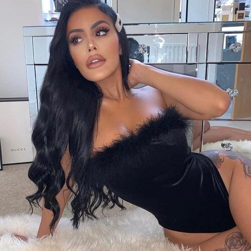 Sexy Women Cute Feathers Bodysuits Black Fur Rompers Outfits Off Shoulder Bodycon Bodysuits Short Jumpsuits Party Club Overalls