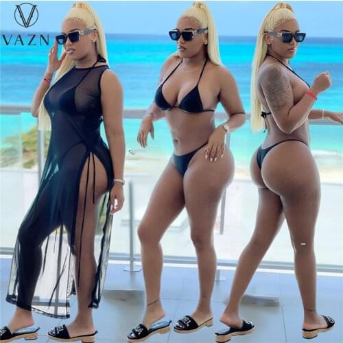 VAZN 2021 Summer Bandage Transparent Mesh Fabric Sleeveless Elegant Street Clothing Suits 3 Piece Set Women Top And Pant
