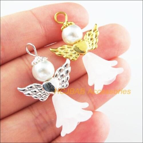 10Pcs Retro Gold Silver Plated White Acrylic Angel Charms Pendants 21.5x33mm