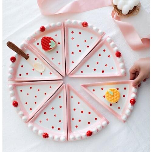 8pc/set Pink Strawberry Cake Ceramic Plate Japanese Girls Heart Full Disc Lovely Polka Pink Cake Can Triangle Plate
