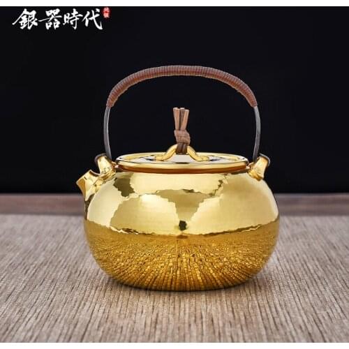 Ag999 Sterling Silver Teapot Gold Planted Kitchen Utensils Handmade Coffee Tea Pot
