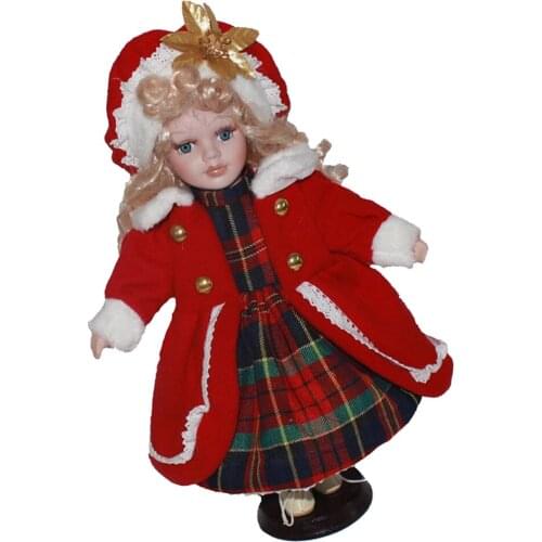 Children Education Store-30cm Victorian Porcelain Girl Doll Model in Red Plaid Clothes Home Decor #2