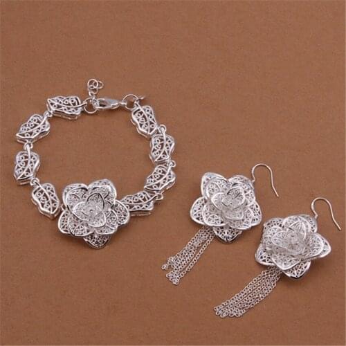 Hot 925 sterling Silver Jewelry set for women classic flower earrings bracelet fashion party wedding lady Christmas Gifts