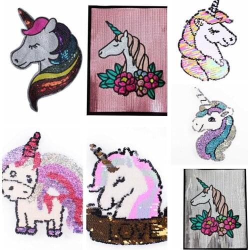 Pulaqi Unicorn Patch Sequin Reversible Patch Glitter Embroidered Patches For Clothes Stripe Sew On Parches Stickers Badge DIY