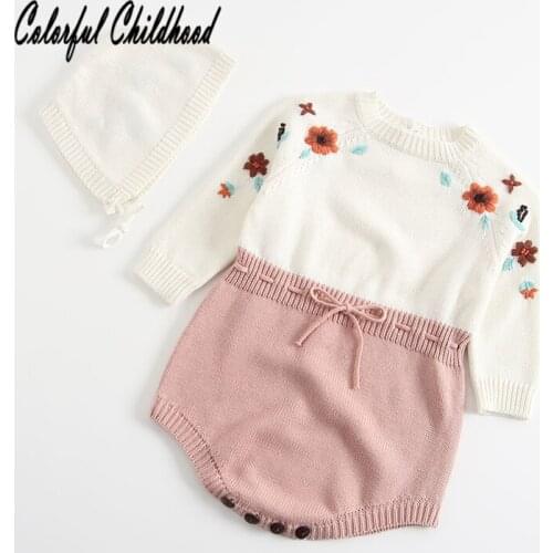 Embroidery floral long sleeve romper baby girls handmade kitted jumpsuit Newborn body clothes children overalls