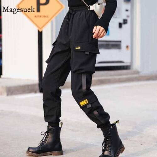 Fashion Black Drawstring Women Streetwear Cargo Pants Ankle Length Loose Elastic Waist Trousers Casual Plus Size Pants 12825