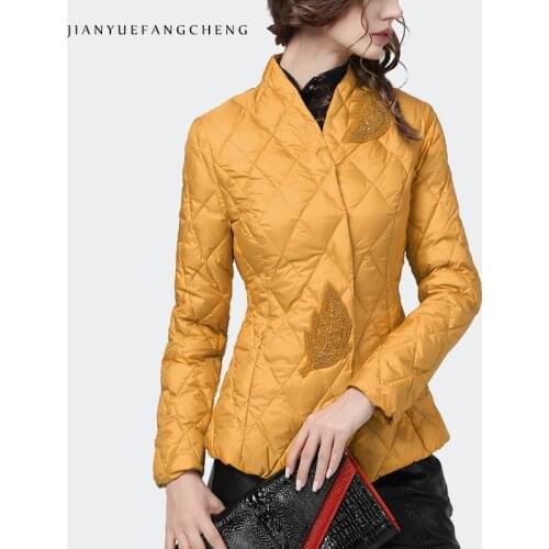 Fashion Women Winter Down Jacket Long Sleeve Embroidered Beading Yellow Puffer Coat Warm Winter Top Korean Casual Down Jackets