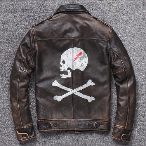 2021New Mens Genuine Leather Jacket Layer Cowhide Vintage Old Skull Motorcycle Clothing Youth Leather Leather Jacket