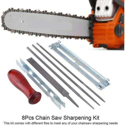 8pcs Round/Flat File Guide Bar File Sharpener Tools + Chainsaw Chain Sharpening Kit Tool Set Hardwood Handle