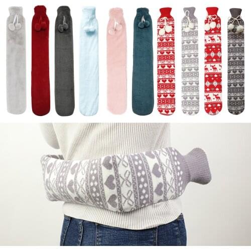 New Fur Rubber Extra Long Hot Water Bottles Bag With Knitted Removable Cover For Waist Hand Foot Warming Christmas Gift 2021
