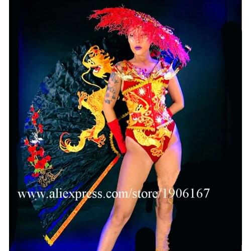 Newest Chinese Style Masquerade Party Event Bikini Dance Suit Clothes Stage Performance DS DJ Costume China Dragon Fan Props