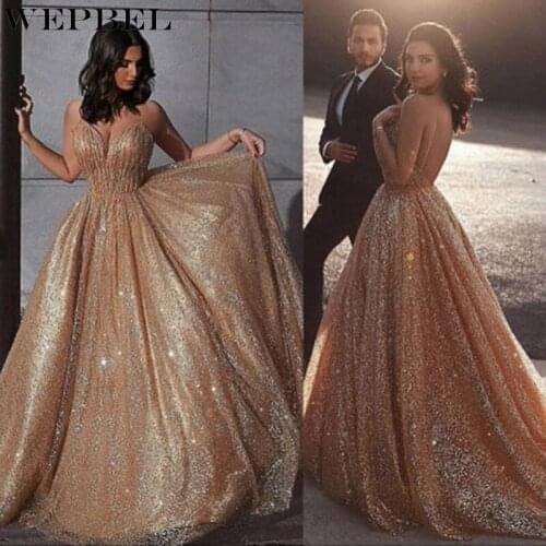 WEPBEL Fashion Womens Dresses Sequins Suspenders Wedding Dresses Sexy Backless Skirt Seaside Evening Dresses Prom Gown