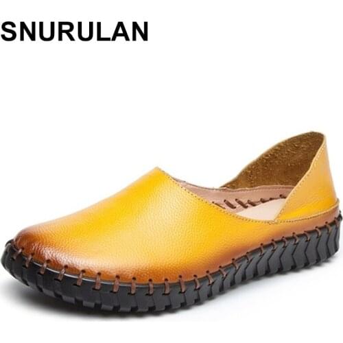 SNURULANWoman Genuine Leather Shoes Spring Solid Flat Shoes Fashion Women Flats Ballet Women Shoes Soft BottomCasual LoafersE355