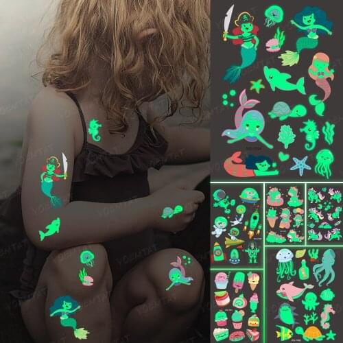 Luminous Night Tattoo Stickers Mermaid Pirate Children Temporary Waterproof Dolphin Shell Tatto Body Art Kid Cartoon Fake Tatoo