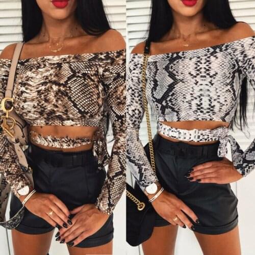 Sexy Snakeskin Print Off Shoulder Crop Tops Women Leopard Long Sleeve Lacing Belt Waist Slim Tunic Autumn New Fashion Slim Top
