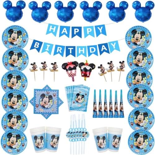 High Quality Blue Dessert Mickey Mouse Happy Birthday Party Decorations Paper Plate Cup Straw Napkins Disposable Tablewares Set