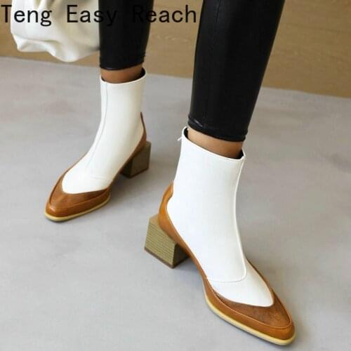 Ladies Spring Autumn Splicing Short Boots Fashion Square-Head Zipper Comfortable Thick Heel Womens Shoes Winter Tooling Boots