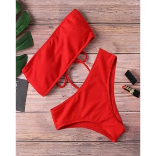 Womens 2 piece Swimsuit Sexy Bikini Bath Suits Strapless Black Red Yellow High Waisted Beach Wear Bandeau Swimsuit Pink Solid
