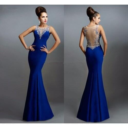 Free shipping sexy backless vestido de festa 2015 New Fashion Beaded Sleeveless Long Royal Blue Mermaid evening dress Prom gown