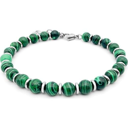 Runda Fashion Mens and Womens Beaded Bracelet Malachite Kyanite Green Natural Stone Stainless Steel Jewelry Couple Gift