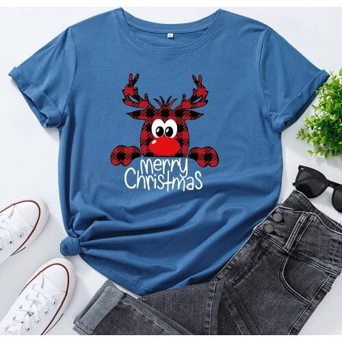 Women Summer T Shirt 100% Cotton Christmas Deer Print TShirt O-Neck Short Sleeve Casual Lady Tee Tops