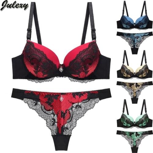 Julexy New 2021 Sexy Lace Bra Set For Women ABC Cup Underwear Panty Set Red Blue Beige Lingerie