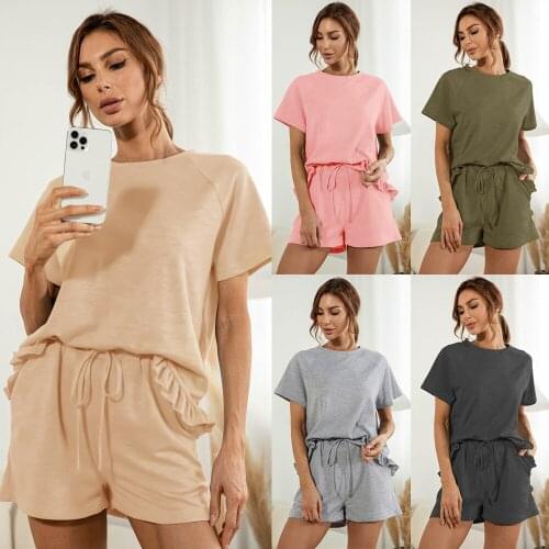 Tracksuit Women Shorts Set Women Clothing Summer Loose 2 Piece Sets Drawstring Pockets Ruffles Shorts+Short Sleeve Tops Outsuits