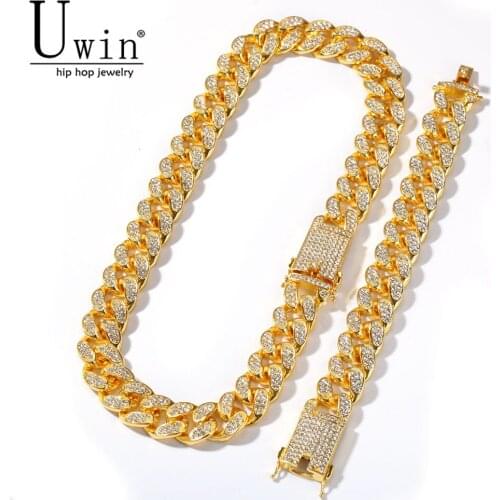 UWIN 20mm Miami Cuban Chain Iced Out Necklace & Bracelet Set Crystal Rhinestone Gold color Hip Hop Jewelry For USPS To USA