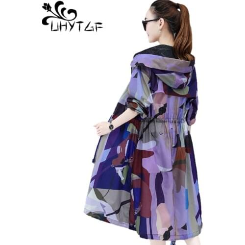 UHYTGF Womens Thin Sun Protection Clothing Hooded Breathable Outdoor Anti-UV Summer Jacket Female Printing Plus Size Tops 1599