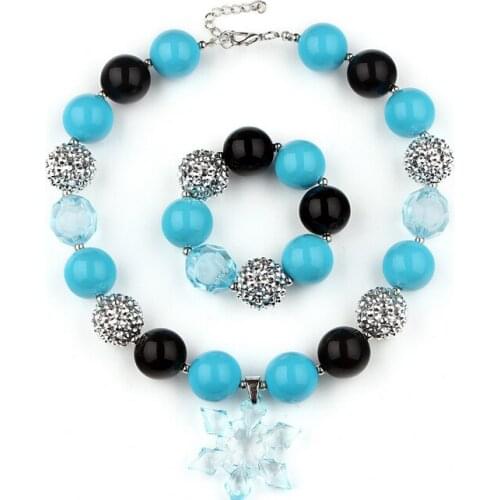Cute Christmas Day Gifts To Girls Baby Blue Resin Snowflake Charm Pendant Chunky Beads Bubblegum Necklace Bracelets Jewelry Sets