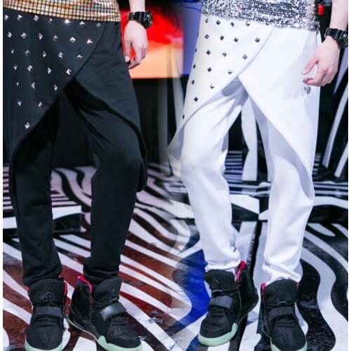 Stage personality mens pants rivet harem pant men feet trousers singer dance rock fashion street star style novelty black white