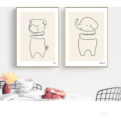 Simple Nordic Abstract Hand Drawn Black And White Line Animal Cartoon Lion Penguin Rabbit Decorative Painting