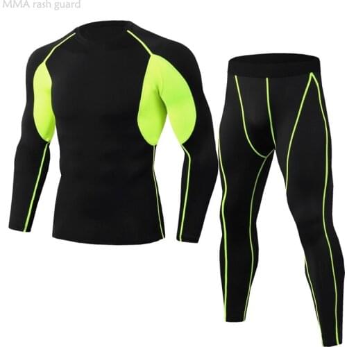 Autumn Mens Fitness Clothing Color Matching Thermal Underwear Tracksuit 2 Sets Rashgard Male MMA Compression Base Layer Thermal