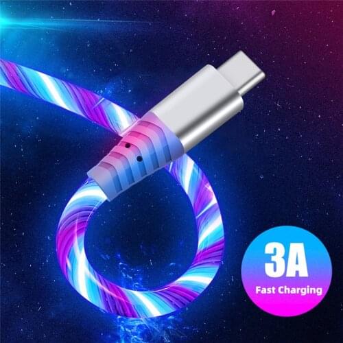 3A Flow Luminous Lighting USB Data Cable Micro USB Type C Fast Charging Cord Wire For Samsung Huawei Xiaomi LED Flowing Line