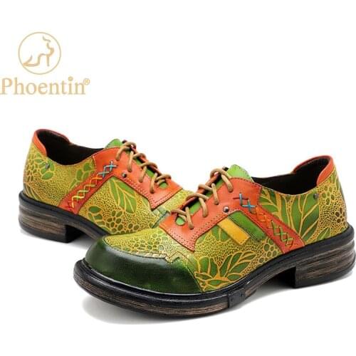 Phoentin 36-42 Retro Carved brogues Round toe Loafers 2021 spring Women Genuine Leather British Lace Up mid heels Shoes FT1485