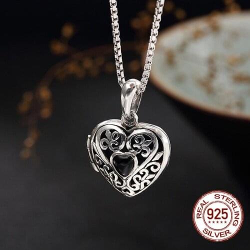 Vintage Thai Silver 100% 925 Sterling Heart Shaped Lockets Pendant Aromatherapy Antique Hollow Flower Natural Stone Fine Jewelry