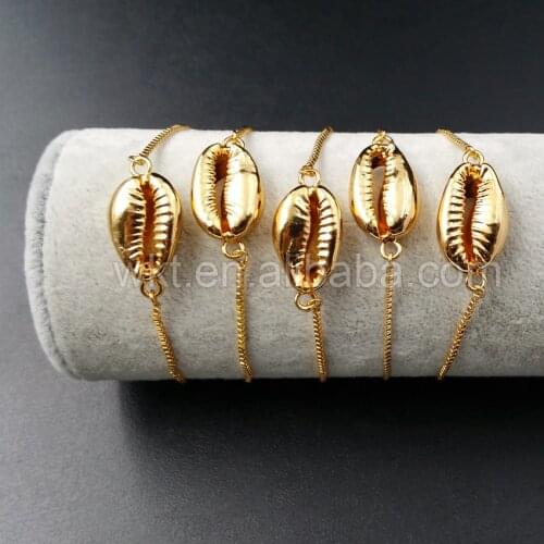 WT-B308 2017 Popular Gold Women Bracelets in adjustable Size, Full Gold Trim Cowrie Shell Connector Braclets with Chain & link