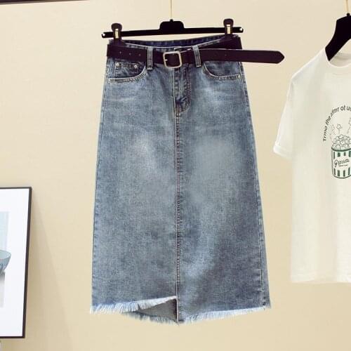 YGhan Spring Summer 2021 New Women High Waist Medium Length Loose A-line Skirts with Belt Enim Skirts Split Denim Skirt