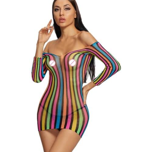 Plus Size Sexy Fishnet Rainbow Nightdress Sheer Nightwear Babydolls Body Stockings Sexy Lingerie Erotic Costume Mini Dress