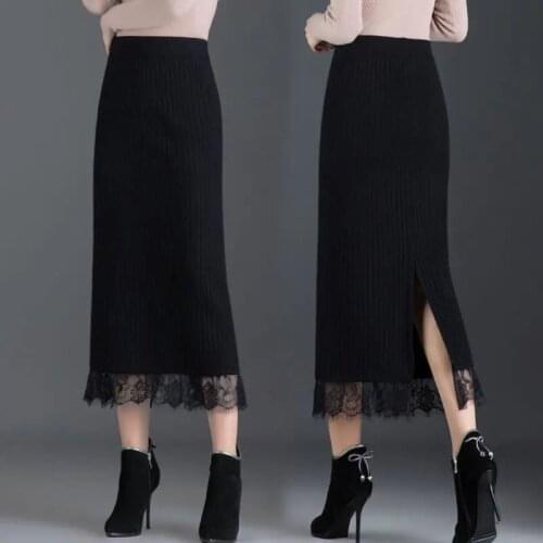 2021 Autumn Women Thick Solid Quality Midi Skirts Female Vintage New High Waist Office Ladies Elegant A-line Knitted Skirts H840