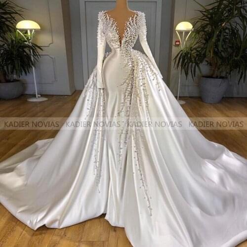 Kadier Novias Long Sleeve Mermaid Arabic Wedding Dress 2021 V Neck Pearls Beading Vintage Bridal Gown Vestido De Novia