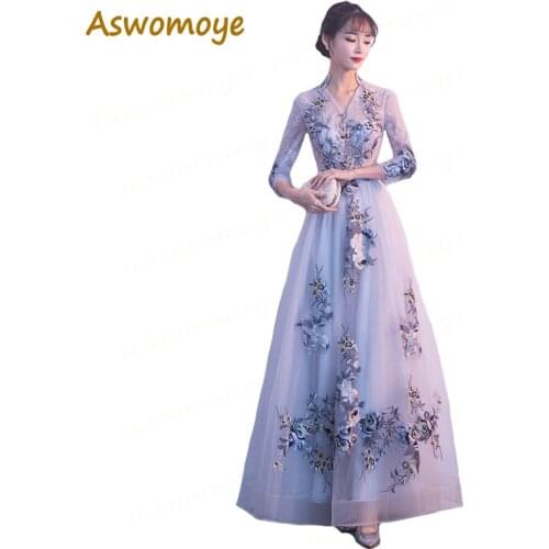 Aswomoye Elegant A-Line Evening Dress Long 2018 New Appliques Silver Prom Dress Half Sleeve Illusion V neck robe de soiree