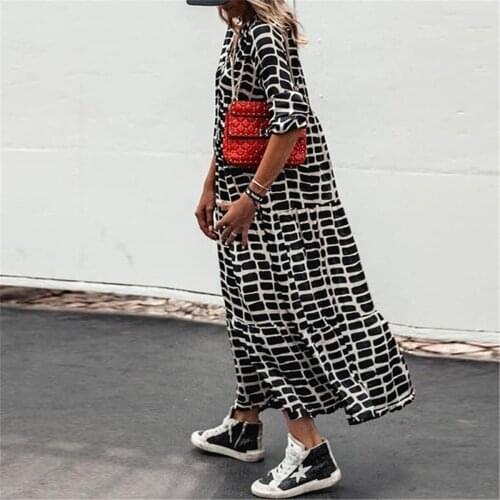 Vintage Maxi Dress Women Boho Black Plaid Print Long Sleeve Loose Long Dress Elegant V Neck Casual Shirt Dresses Robe Plus Size