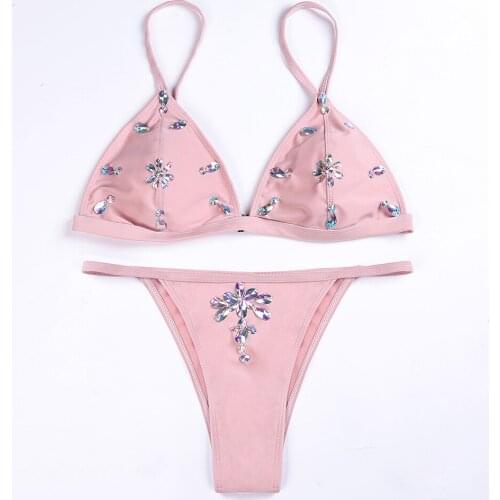 2018 Low Waist Sexy Bikini Set pure color Bathing Suits two piece Swimsuit with crystal decorations Women Push up Swimwear