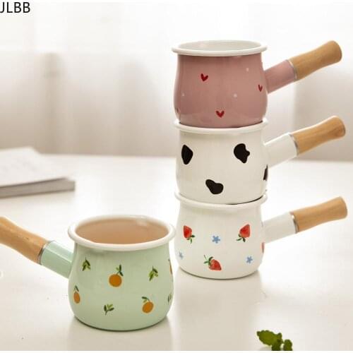 500ml Enamel Milk Pot With Wooden Handle Gas Stove Induction Cooke Baby Breakfast Milk Coffee Saucepan Cookware
