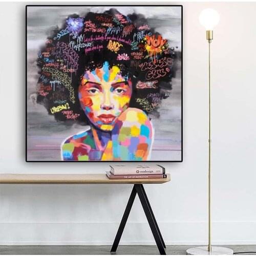 Abstract African Girl With Letters Wall Art Canvas Modern Pop Wall Graffiti Art Paintings Black Woman Cuadros Picture Home Decor