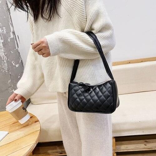 Baguette Shaped Shoulder Bag for Women Stitched Plaid Armpit Bags PU Leather Handbag Female Fashion Clutch Purse Underarm Bag