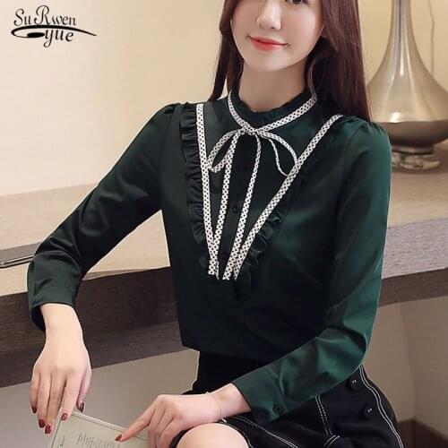 Blusas Mujer 2021 New Autumn Long Sleeve Womens Blouse Tops Solid Stand Collar Bow Shirt Casual Loose Womens Clothes 6320 50
