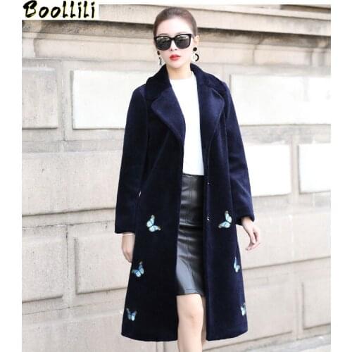 Boollili 2020 Fashion Winter Jacket Women Real Sheep Shearing Fur Coat Embroidery Natural Fur Coats Long Warm Wool Jackets