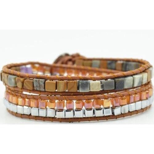 2Rows Square Crystal Wrap Bracelets Natural Stone Beads 2 Layers Beaded Bracelet Boho Handmade Braided Jewelry Mujer Bijoux